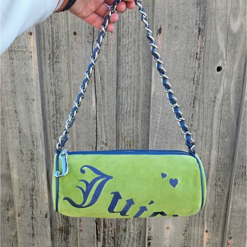 Juicy Couture Y2K "Juicy" Green Fluffy Terry Cloth Barrell Vintage Shoulder Bag - Picture 2 of 11